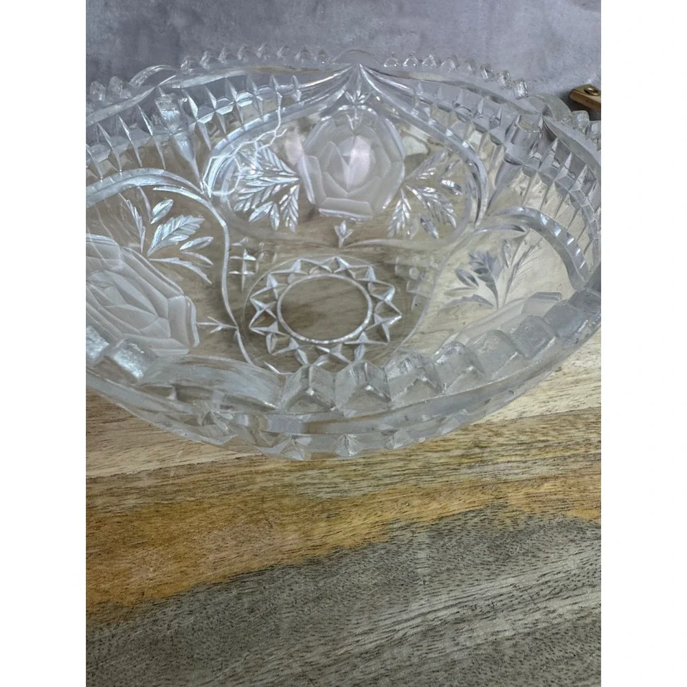 Vintage Frosted Rose Crystal Glass Bowl Scalloped‎ Floral Candy Dish 7